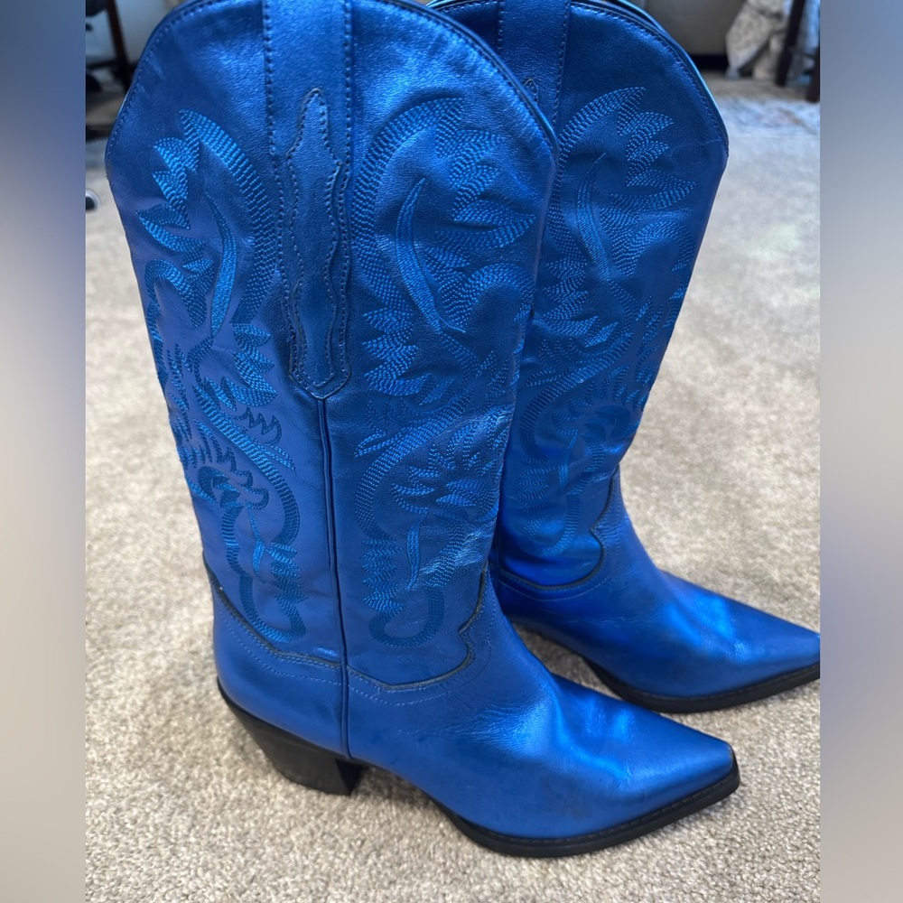 Jeffrey Campbell Metallic Blue Western Cowboy Boots, Women’s size 9.5